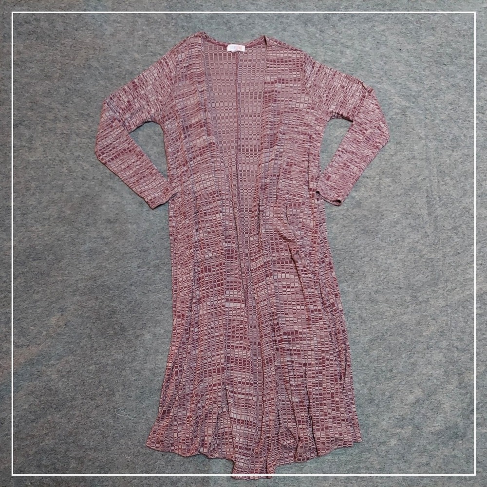 LuLaRoe Cardigan Women Medium Pink Sarah Long Duster Ribbed Knit Pockets‎